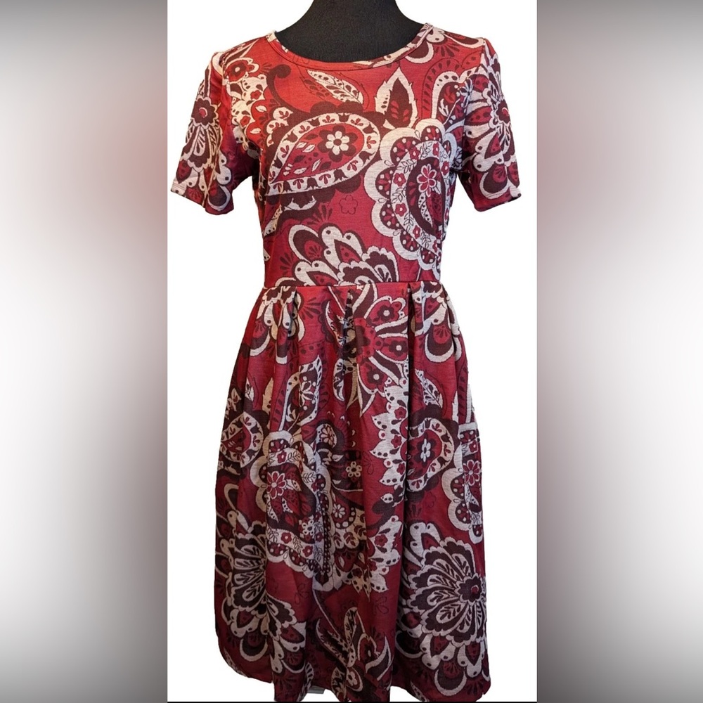 LuLaRoe | SM Paisley Pleated Amelia Red/White Midi Dress | Zipper Pockets | NWT